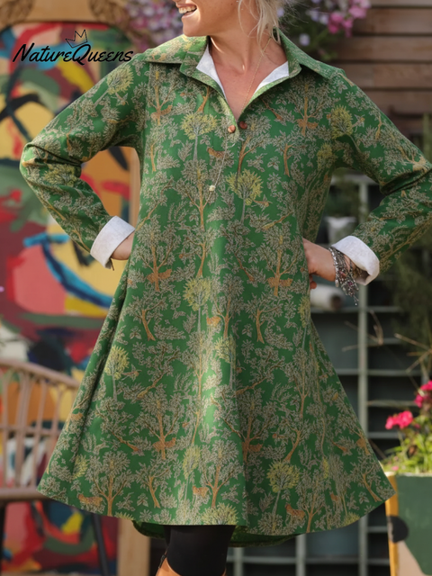 Forest Fairy Tale Autumn Tree Print Lapel A-Line Dress