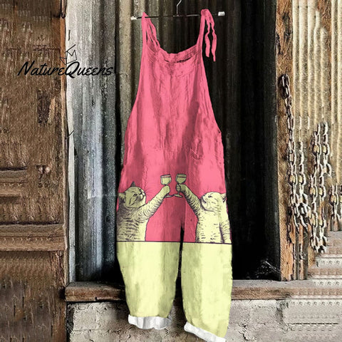 Cheers Cat Art Print Casual Jumpsuit