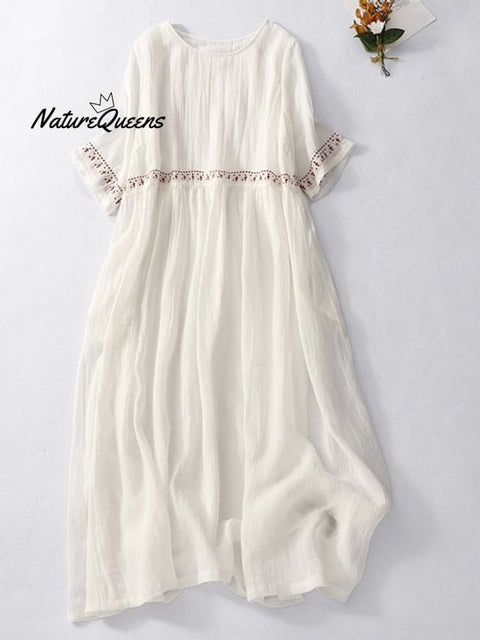 Cotton And Linen Embroidered Loose Dress