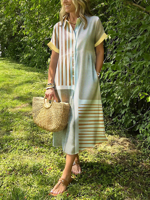 Geometric Printed Lapel Button Up Dress
