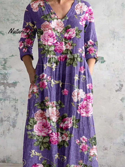 Women's Elegant Simple Rose Floral V-Neck Cotton and Linen Dress with Pockets