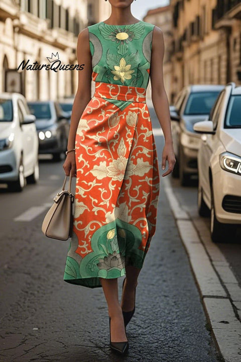 Women's Elegant Printed Sleeveless Midi Dress