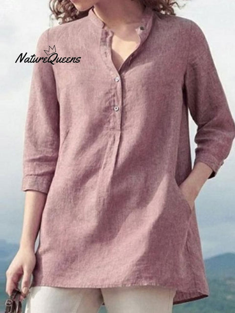 Women's solid color casual stand collar 3/4 sleeves shirt