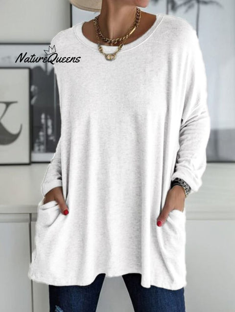 Casual Crew Neck With Pockets Loose Long Sleeve Blouse White / S