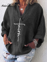 Women's Faith Printed Casual Long Sleeve V-Neck Cotton And Linen Shirt