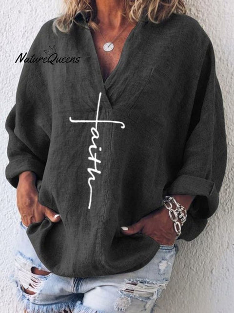 Women's Faith Printed Casual Long Sleeve V-Neck Cotton And Linen Shirt