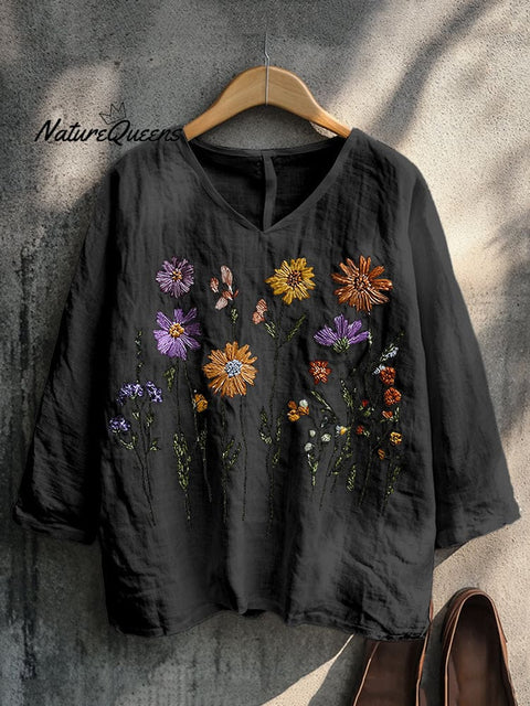 Boho Floral Embroidery Print Cotton And Linen Blend Loose Blouse