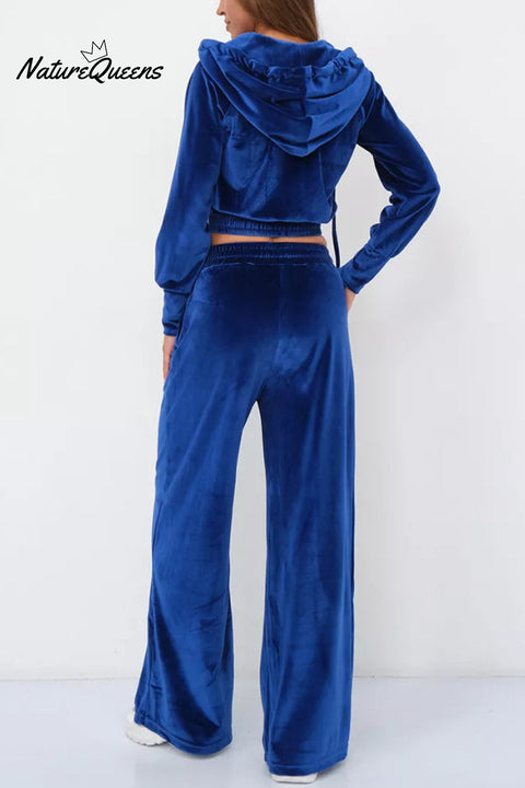 Solid Color Velvet Hooded Zip-up Sweatshirt and Elastic Waist Casual Pocket Straight-leg Pants Set