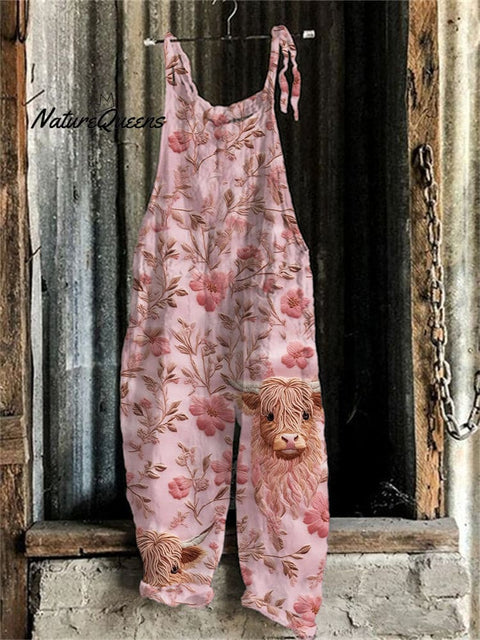 Highland Cows Pink Floral Embroidery Pattern Jumpsuit