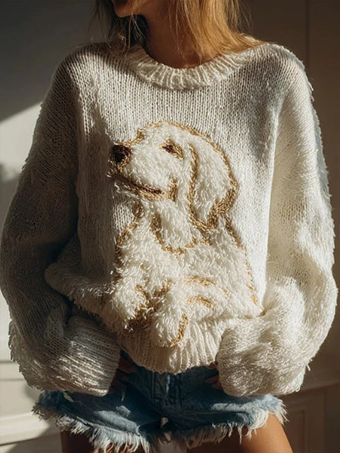 Women's Fuzzy Golden Retriever Dog Felt Print Cozy Knit Sweater