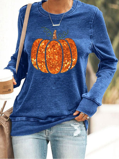 Women's Fall Sequin Pumpkin Print Sweatshirt