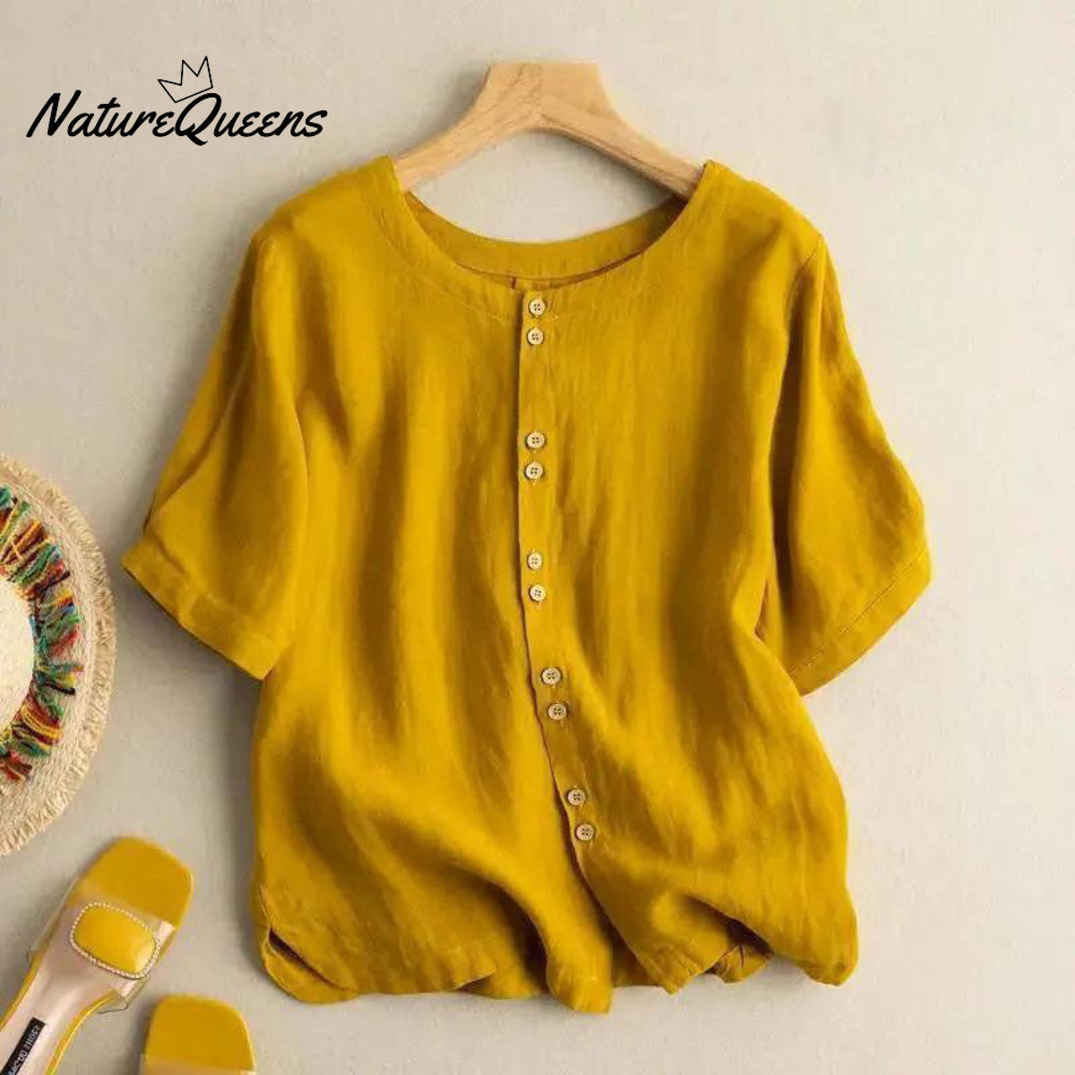 Short-sleeved button-up linen shirt