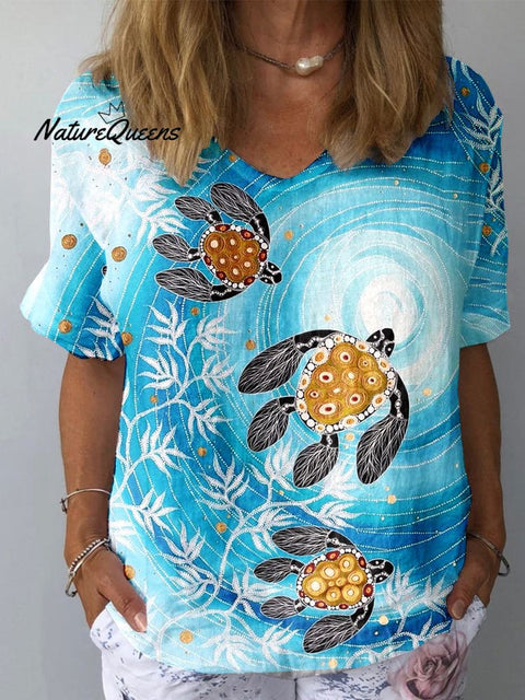 Women's Blue Gradient Underwater World Turtle Cotton And Linen Short Sleeve Top