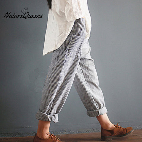 Stripes Elastic Waist Pocket Comfy Pants