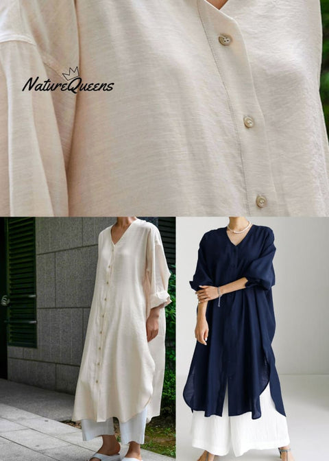 Loose Beige V Neck Asymmetrical Button Maxi Dresses Long Sleeve