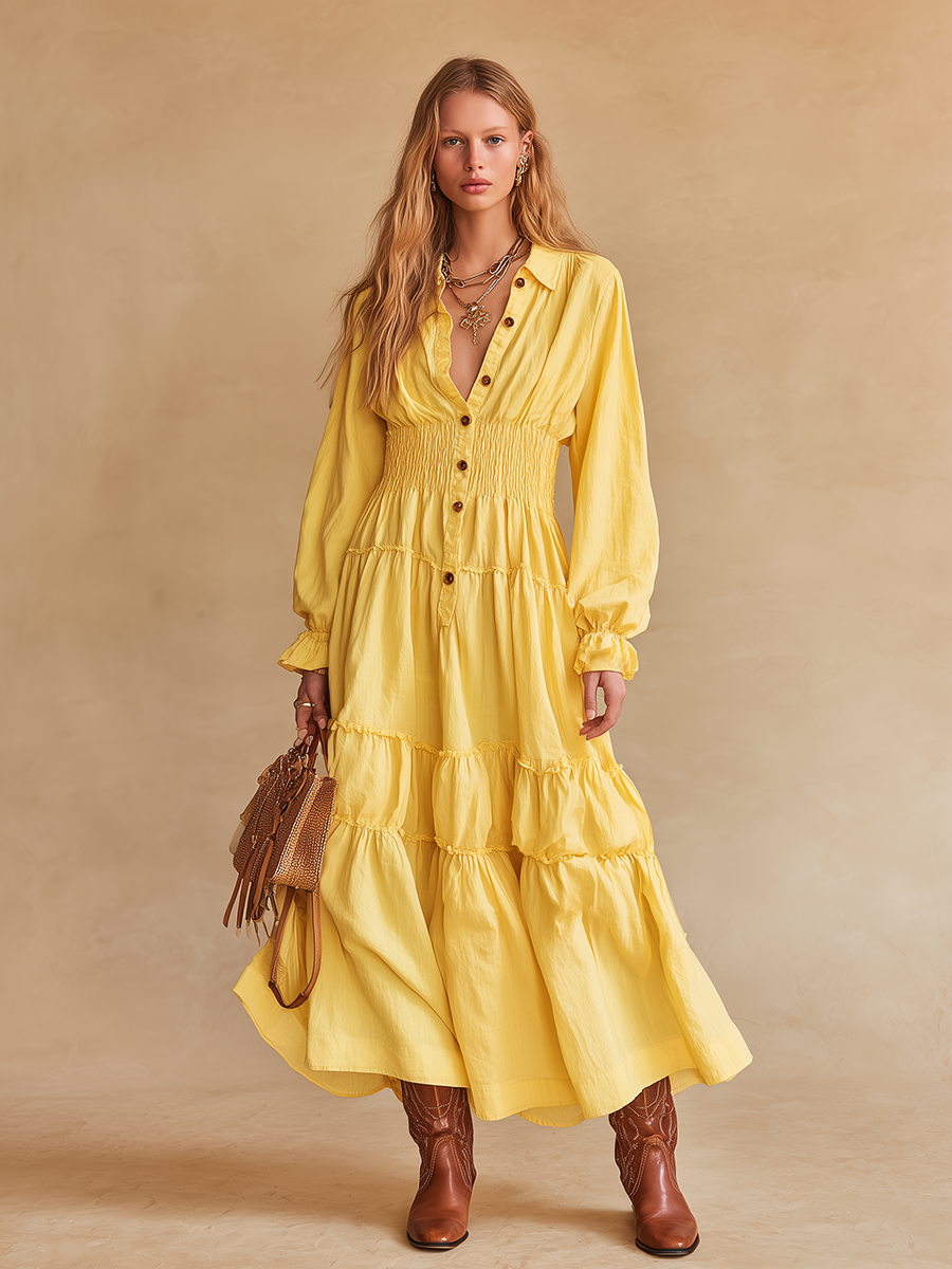 Vintage-style V-neck Ruffled Cotton And Linen Midi Dress