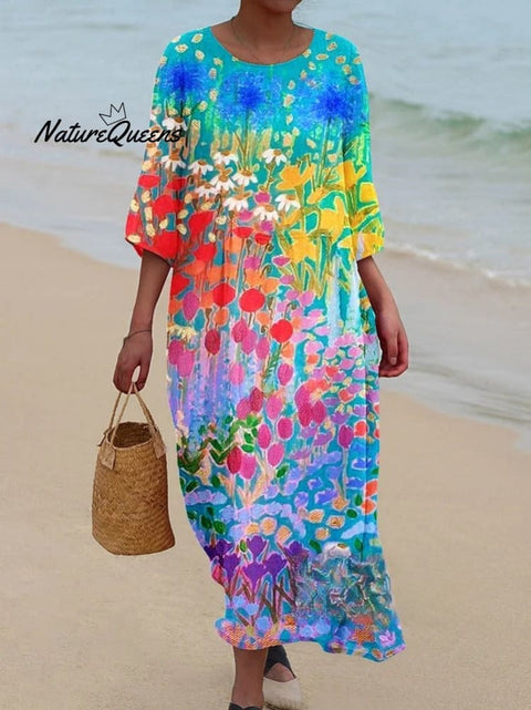 Women's Brilliant Bright Floral Pattern Pocket Cotton Dress