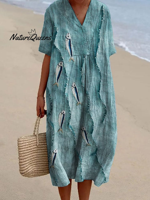 Fish & Sea Waves Sequin Embroidered Flowy Linen Blend Dress