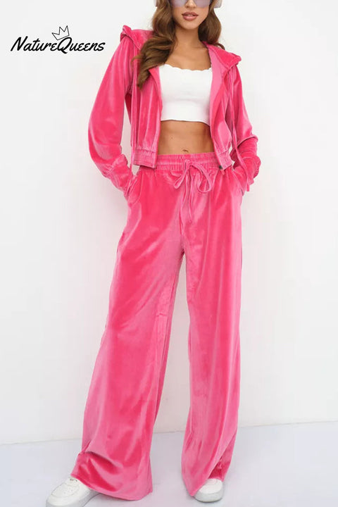 Solid Color Velvet Hooded Zip-up Sweatshirt and Elastic Waist Casual Pocket Straight-leg Pants Set
