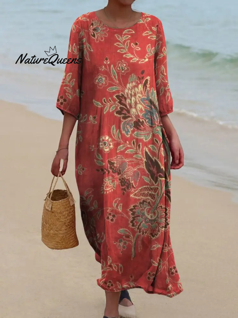 Women's Seaside Style Decorative Flowers Pocket Cotton Dress