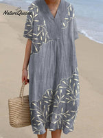 Leaf Embroidery Pattern Linen Blend Dress