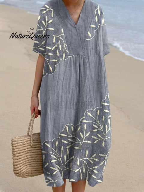 Leaf Embroidery Pattern Linen Blend Dress