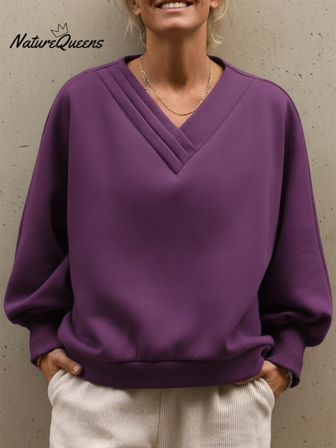 Women's Pleated V-neck Loose Cotton Sweatshirt Top