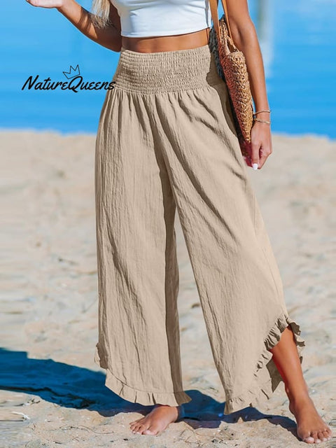 Women's High-Waist Pleated Irregular Hem Cotton And Linen Loose Casual Pants