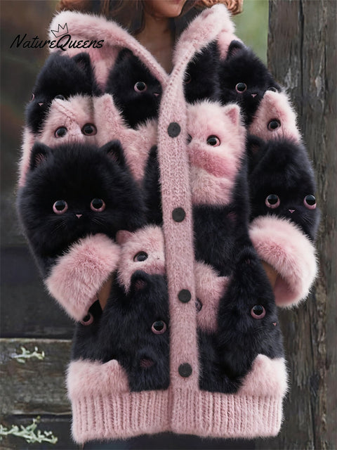 Lovely Pink & Black Cats Fuzzy Knit Hooded Cardigan