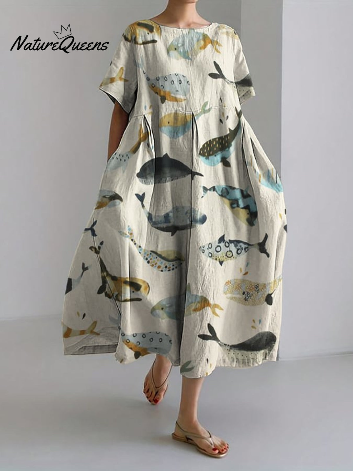 The Small Fish Print Medium Long Loose And Loose Dress