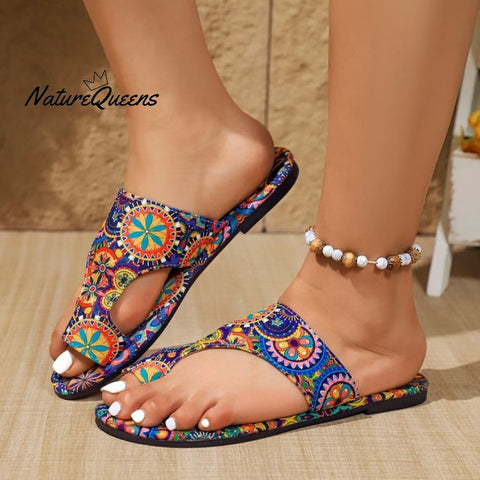 Ethnic Retro Flat Toe Slippers 2025 Summer New Breathable Printed Roman Style Slippers