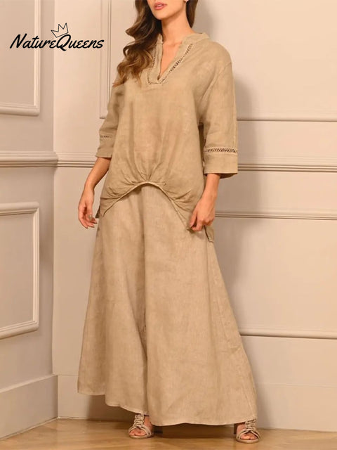 Women's Casual Solid Color Lace Splicing 7-point Sleeve V-neck Pleated T + Wide-leg Pants Set