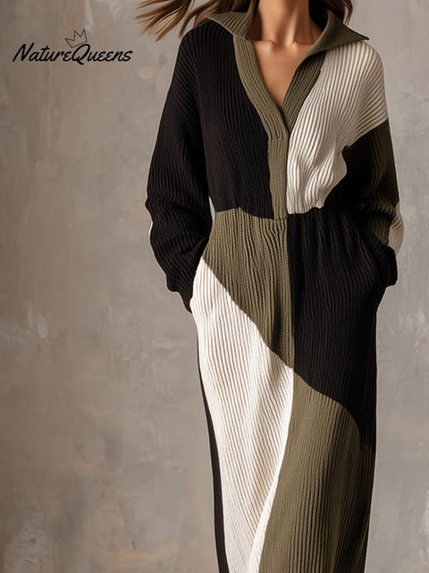 Cozy Color Block Ribbed Knit Sweater Dress