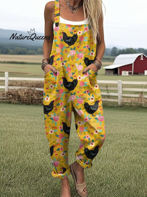 Women's Farm Chicken Print Casual Cotton Wide Leg Jumpsuit