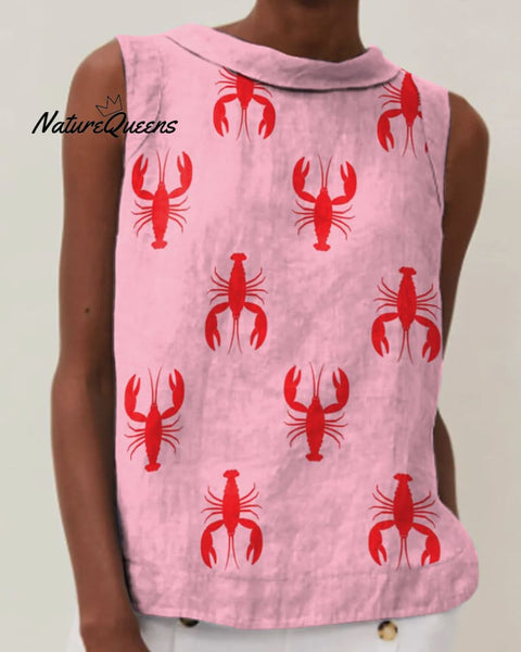 Casual Lobster Print Crew Neck Sleeveless Top