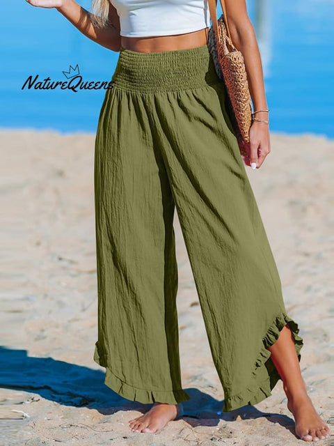 Women's High-Waist Pleated Irregular Hem Cotton And Linen Loose Casual Pants