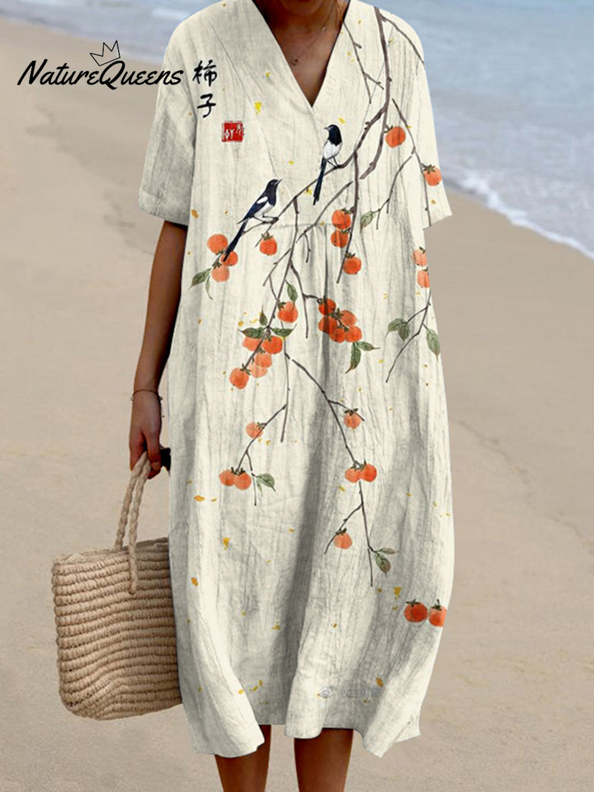 Japanese Art Persimmon Printed Crew Neck Casual Midi Dress