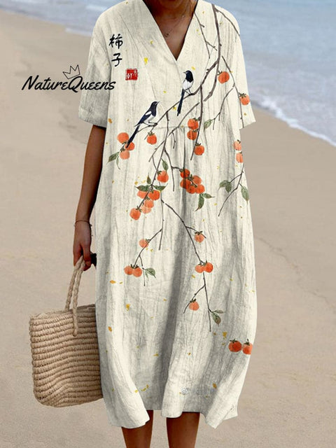 Japanese Art Persimmon Printed Crew Neck Casual Midi Dress