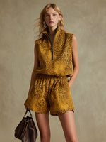 Casual Western Leopard Print Brown Sleeveless Top And Shorts Set