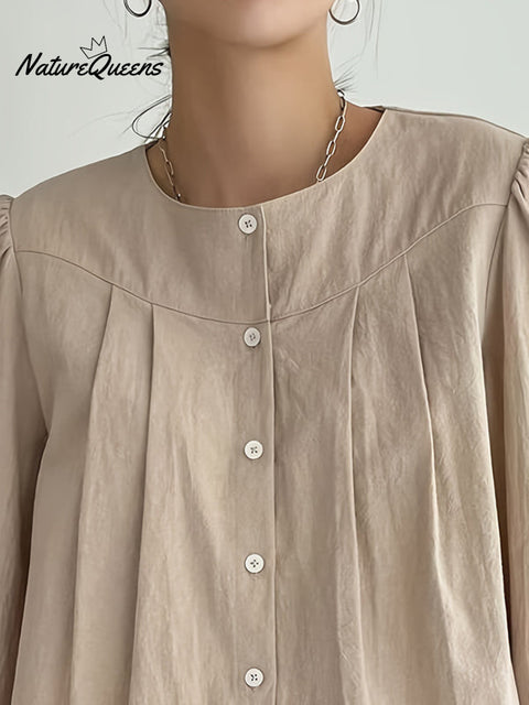 Loose Puff Sleeves Pleated Split-Joint Round-Neck Blouses&Shirts Tops