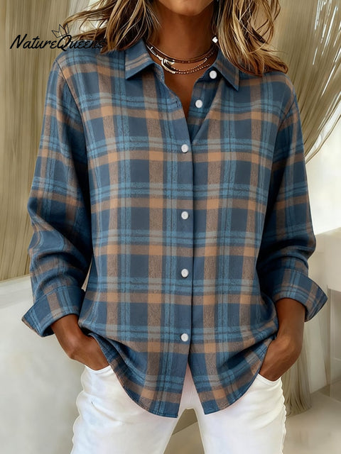 Women's Plaid Print Casual Lapel Shirt