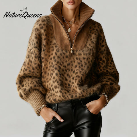 Women's Fashion Brown Leopard Print Half Zip Lantern Sleeve Fuzzy Sweater