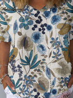 Women's Artistic Floral Pattern Cotton and Linen Short Sleeve Top