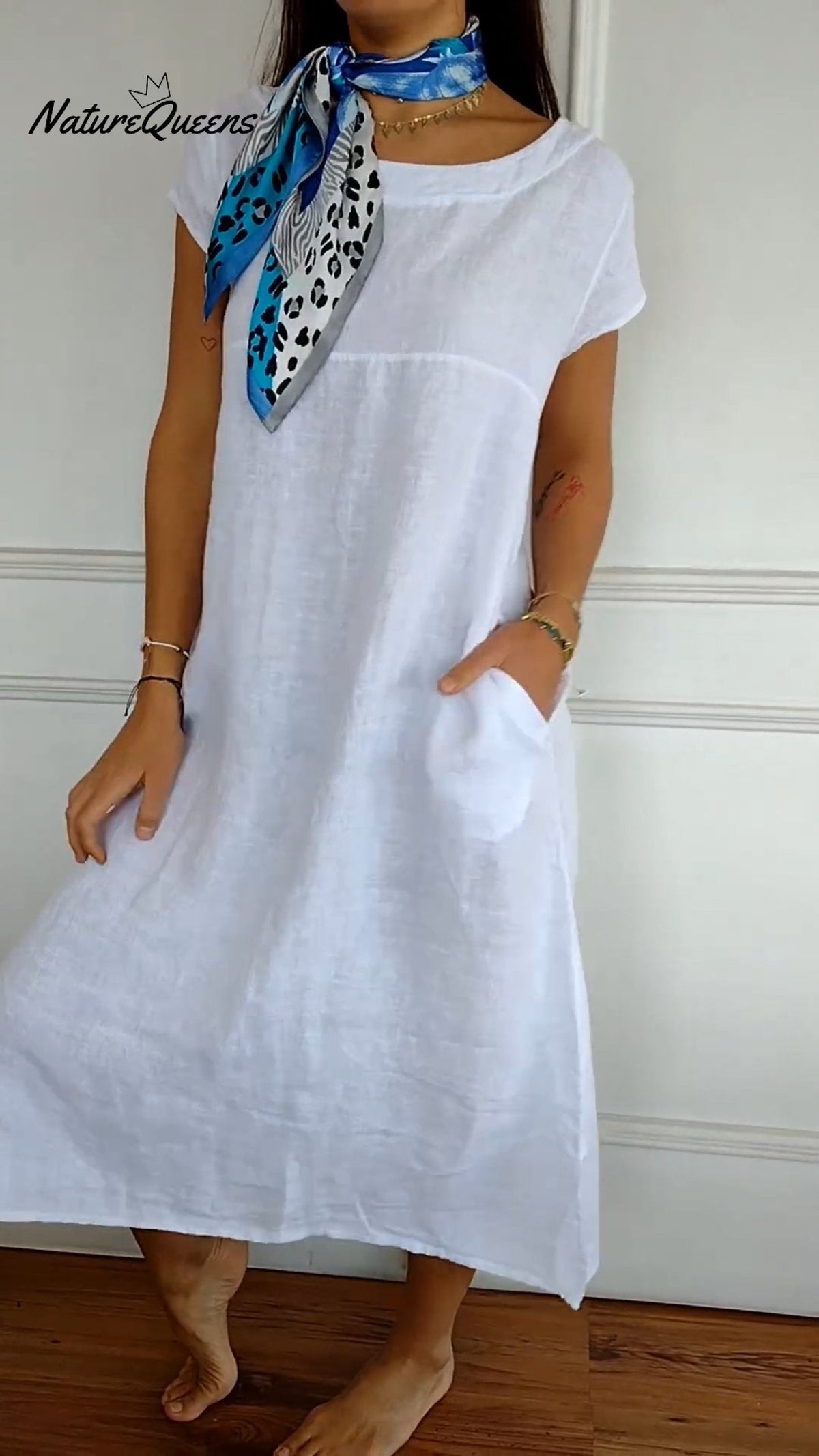 Round Neck Short Sleeve Pocket Dress White / S(Uk 6 - 8)