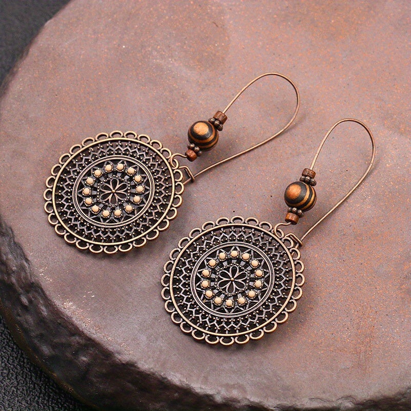 Retro Fashion Round Flower Rhinestone Wooden Beads Ethnic Style Earrings