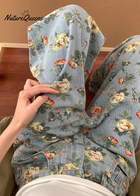 Women Blue Flower Print Denim Wide Leg Pants Fall