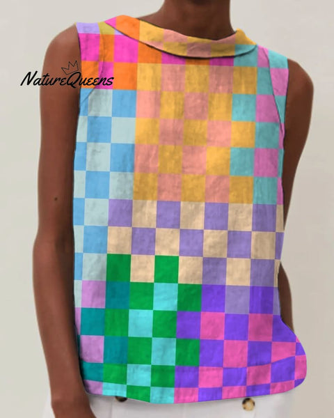 Retro Colorful Plaid Print Round Neck Sleeveless Top