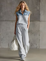 Casual Retro Denim Patchwork Light Gray Sleeveless Sweatshirt And Pants Set
