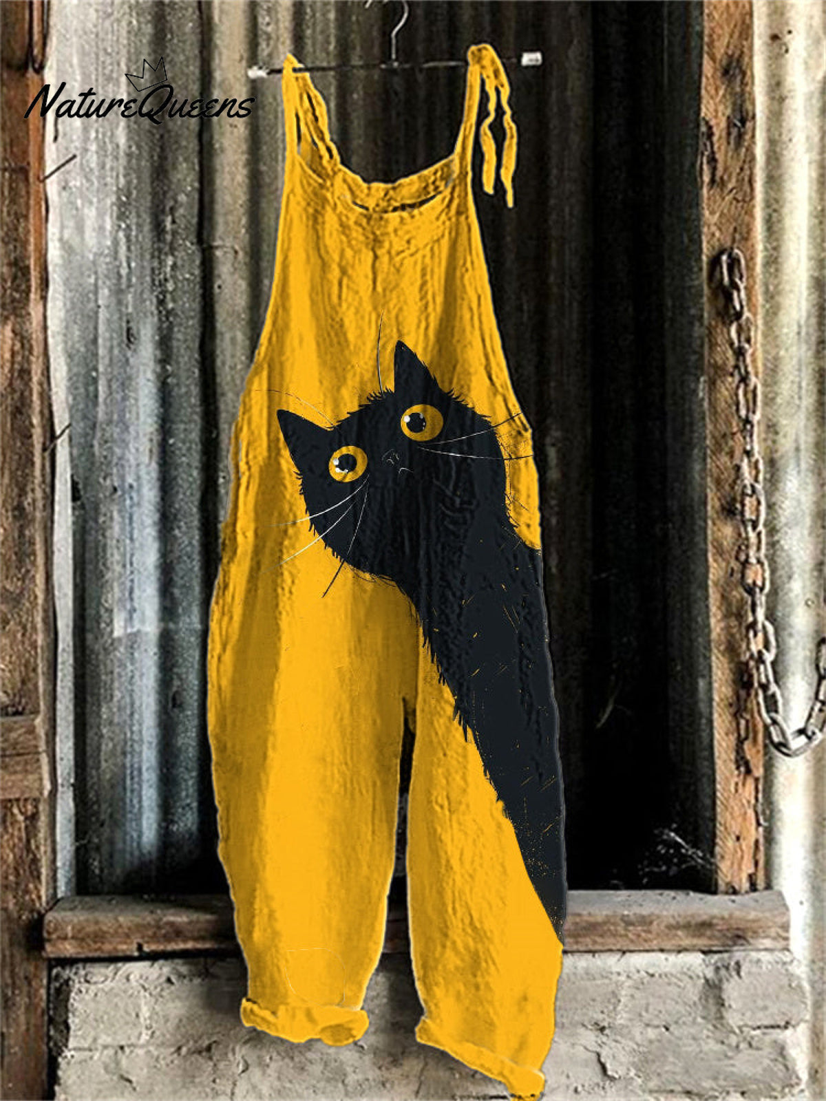 Funny Cat Print Linen Blend Casual Jumpsuit