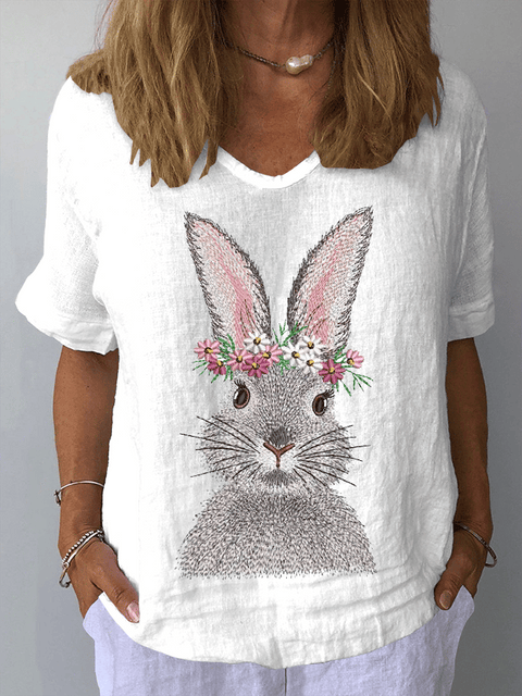 Women's Easter Bunny Print Casual V-Neck Top